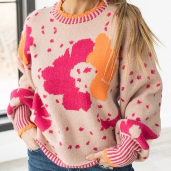 JODIFL Sweaters - Jodifl Medium Beige Hot Pink Orange Floral Sweater